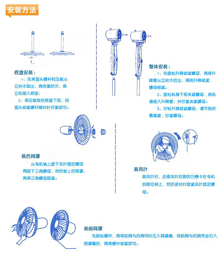1、使用前应详细阅读使用说明书,充分掌握电风扇的结构、性能及安装、使用和保养方法及注意事项。 2、台式、落地式电风扇必须使用有安全接地线的三芯插头与插座;吊扇应安装在顶棚较高的位置,可以不装接地线。 3、电风扇的风叶是重要部件,不论在安装、拆卸、擦洗或使用时,必须加强保护,以防变形。 4、操作各项功能开关、按键、旋钮时,动作不能过猛、过快,也不能同时按两个按键。 5、吊扇调速旋钮应缓慢顺序旋转,不应旋在档间位置,否则容易使吊扇发热、烧机。 6、电风扇的油污或积灰,应及时清除。不能用汽油